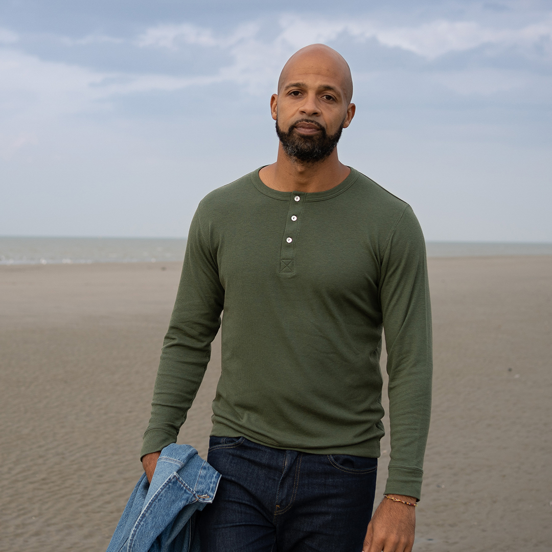 Henley vert kaki laine et tencel