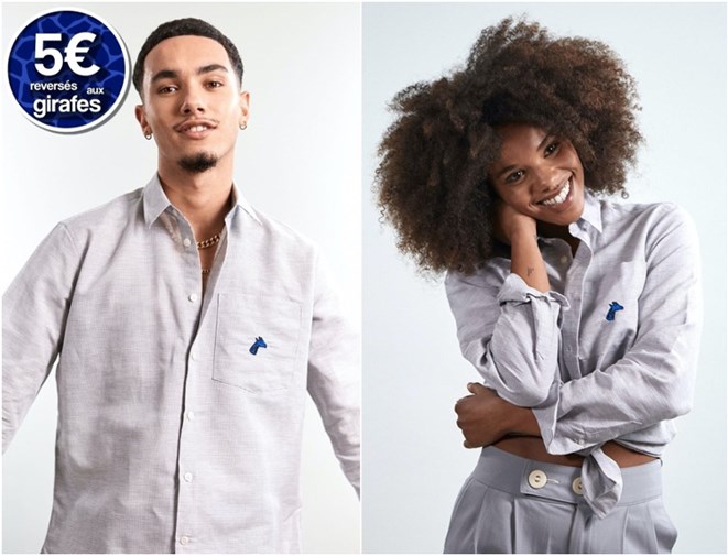 Chemise upcyclée en lin gris et blanc - girafon bleu