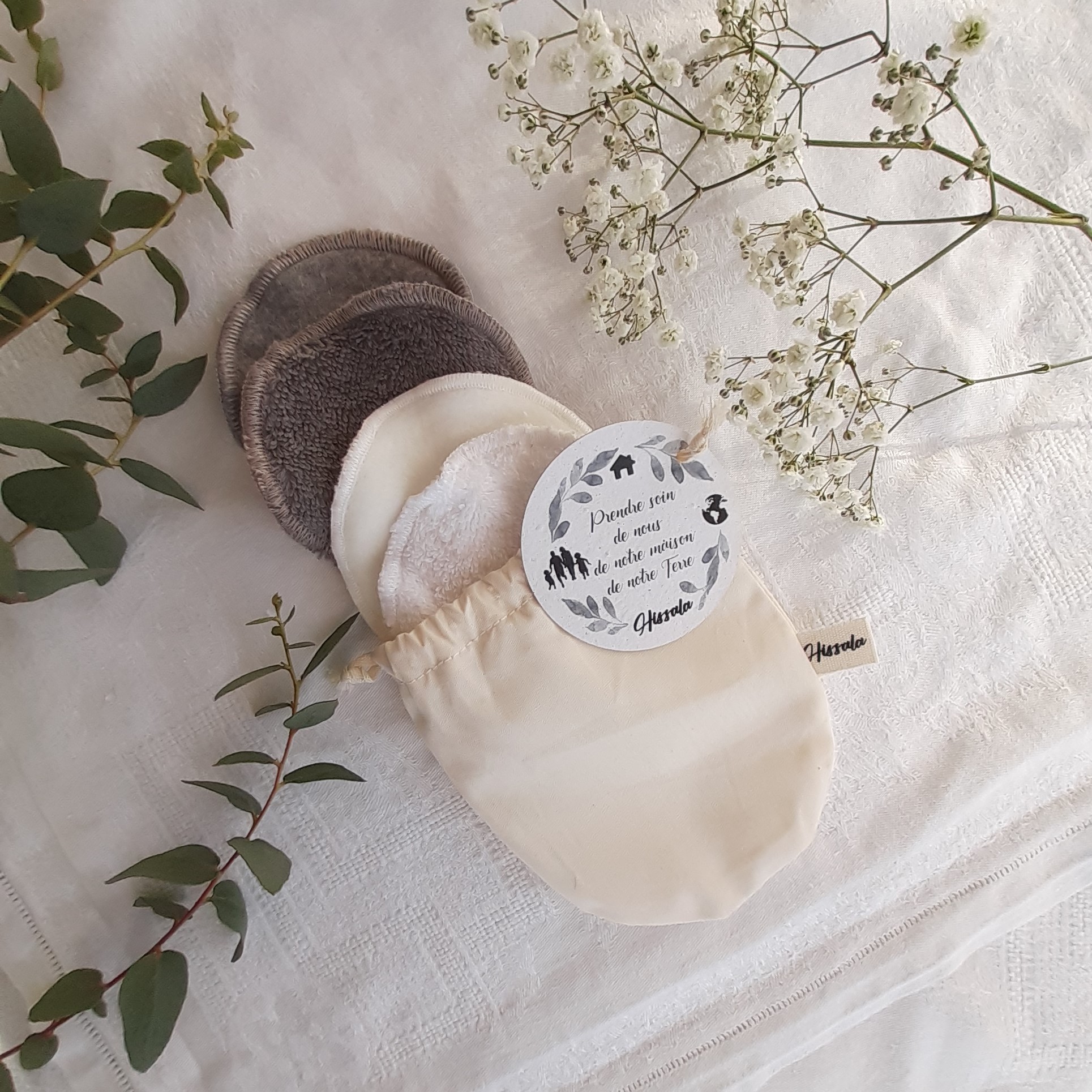 Pochons de 4 lingettes-disques blancs et gris - Précieuse découverte MINI 5