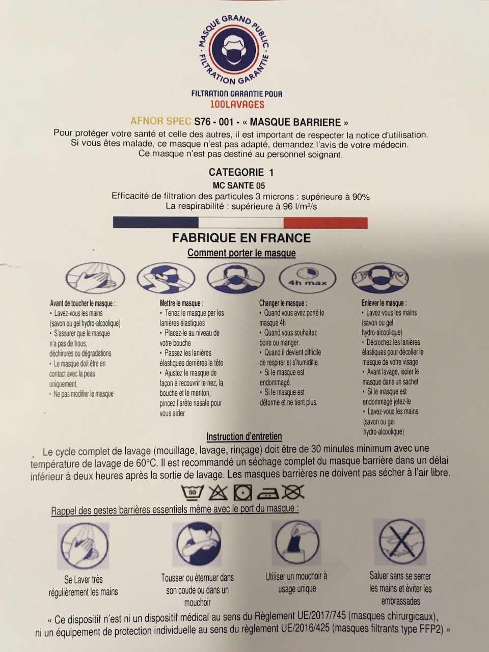 Lot de masques écru taille adulte, fabrication française- Attestés cat.1 DGA // 100 lavages 7