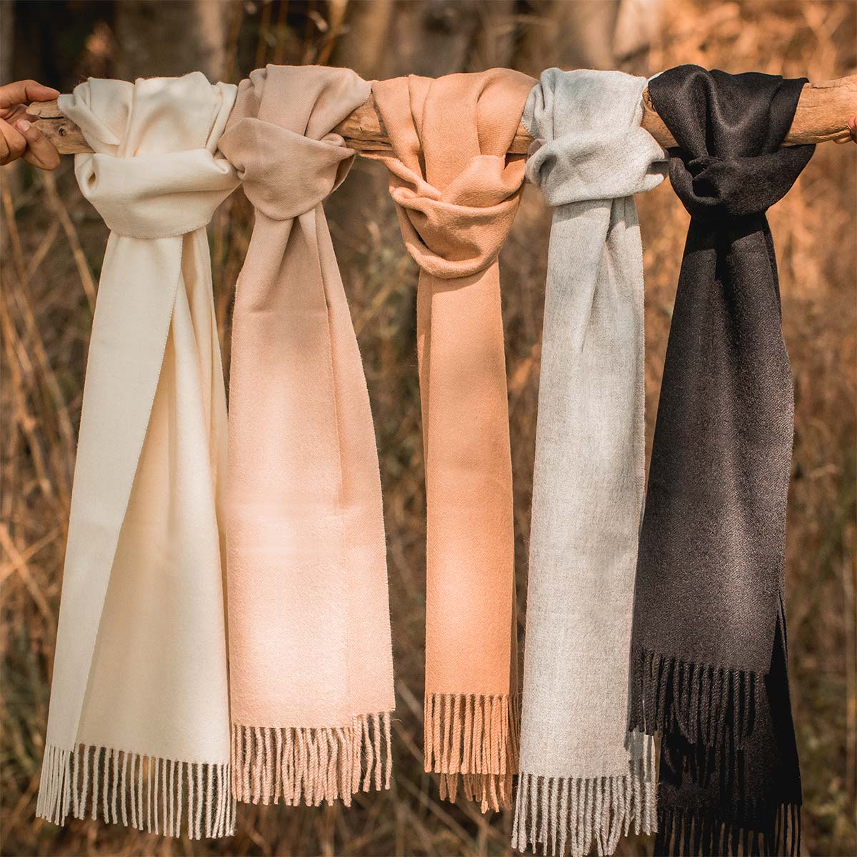 évantail d'écharpes en royal alpaga pitumarka avec leurs 5 couleurs naturelles