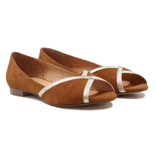 Ballerines bout ouvert cuir daim camel