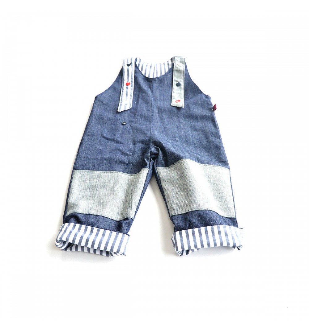 Salopette évolutive et réversible en jean bio - 6 mois à 6 ans - rayures bleues et blanches 3