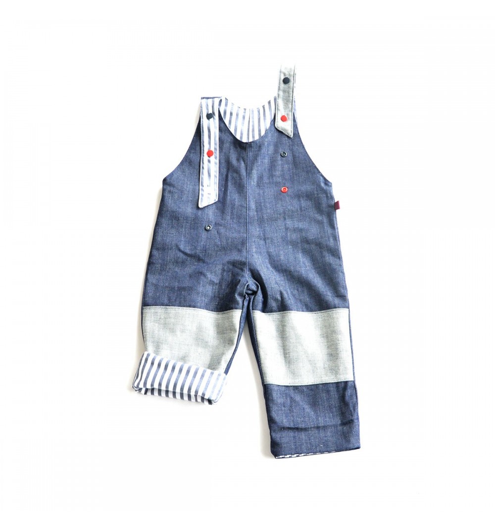 Salopette évolutive et réversible en jean bio - 6 mois à 6 ans - rayures bleues et blanches 4