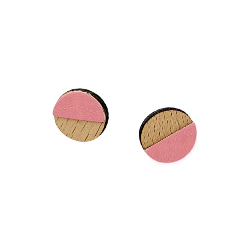Puces d'oreilles en bois et cuir DEMI-LUNE Rose