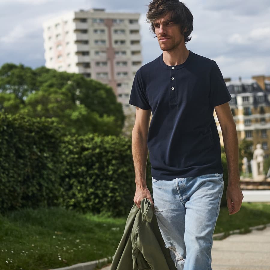 Henley bleu marine coton bio pour hommes