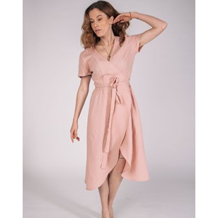 Robe Portefeuille Zargot en lin rose manches courtes Aatise