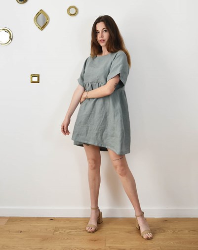 Robe en 100% Lin grik, manches courtes col rond