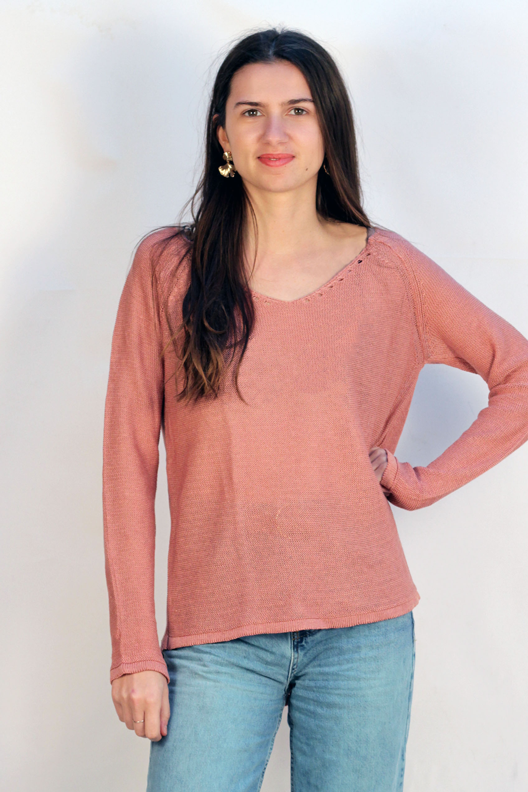 Pull persil col V 100% lin  - bleu jean 14