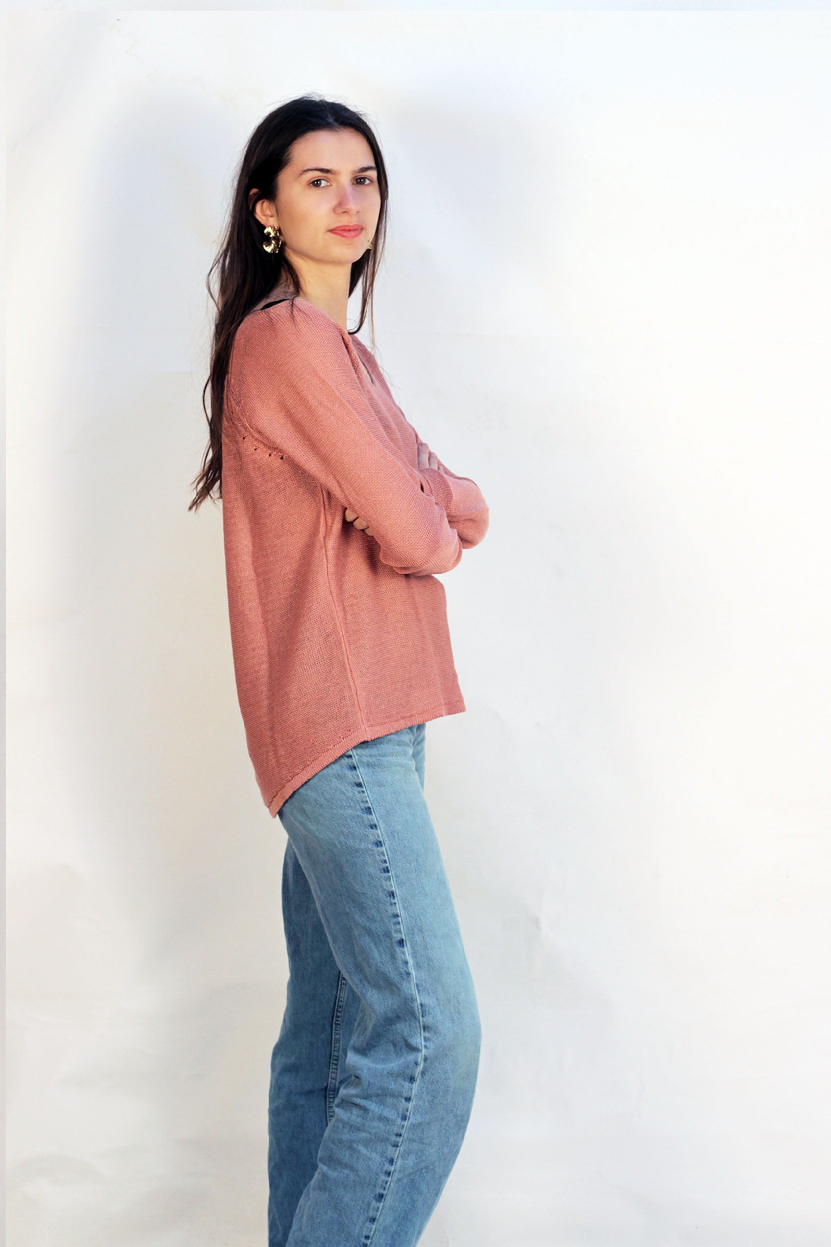 Pull persil col V 100% lin  - bleu jean 16