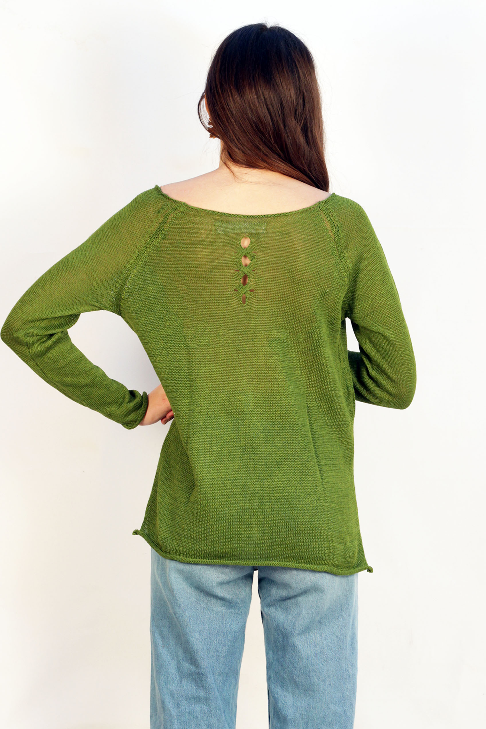 Pull Oseille col bateau 100% lin   - Vert Jungle 16