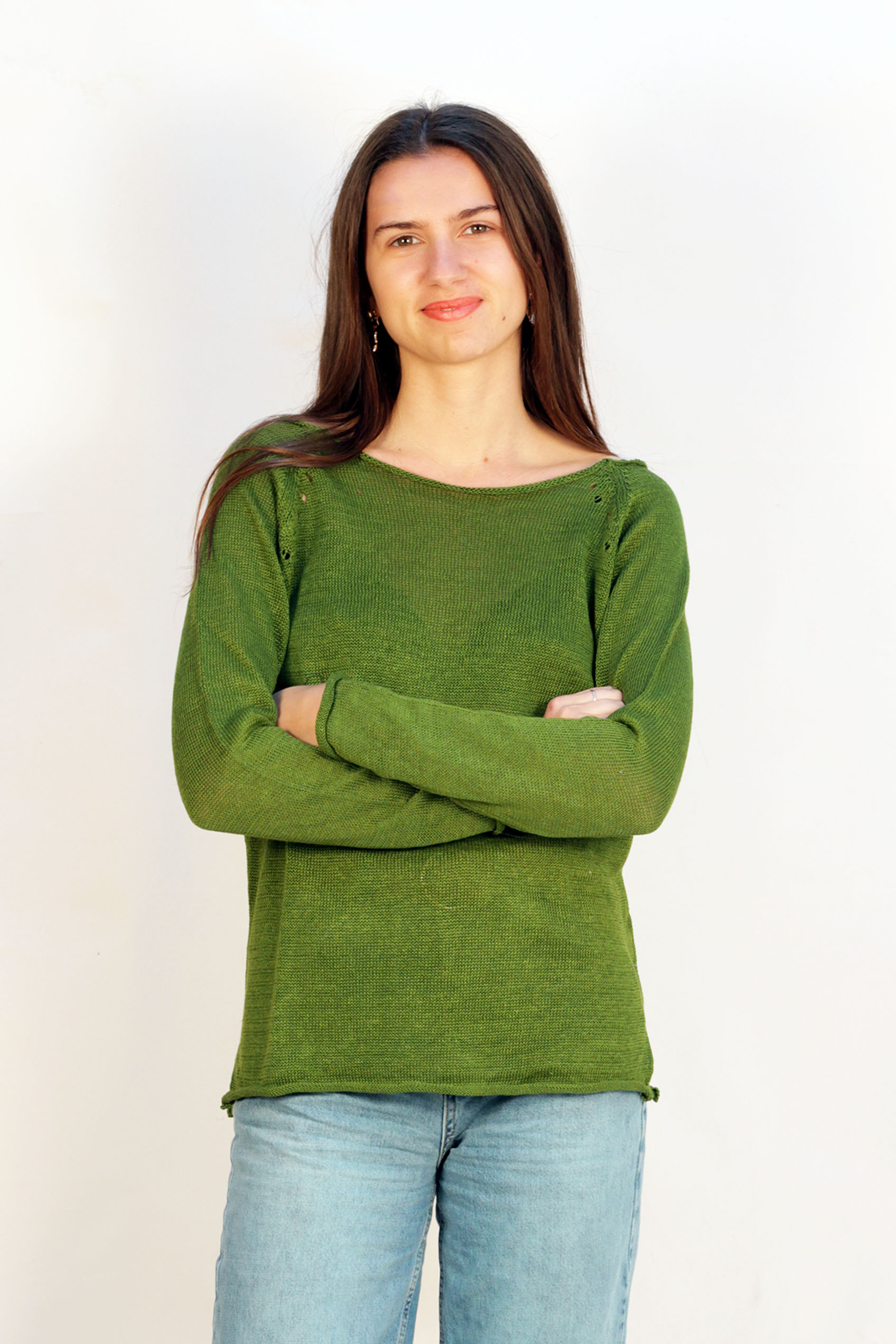 Pull Oseille col bateau 100% lin   - Vert Jungle 14