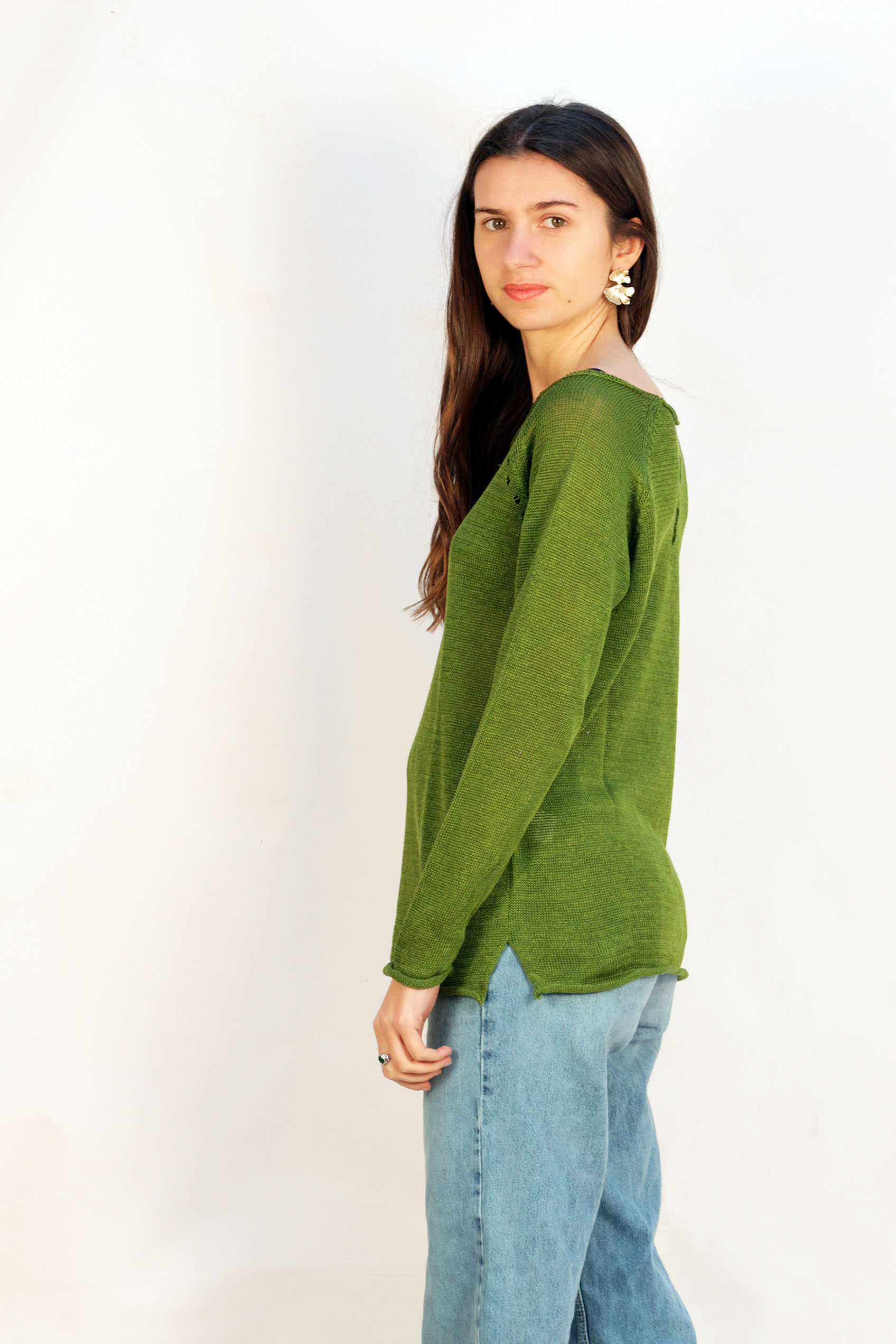 Pull Oseille col bateau 100% lin   - Vert Jungle 15