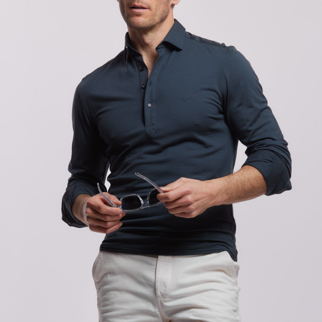 poloshirt manches longues 100% merinos super 120, Pyla gris vert 5