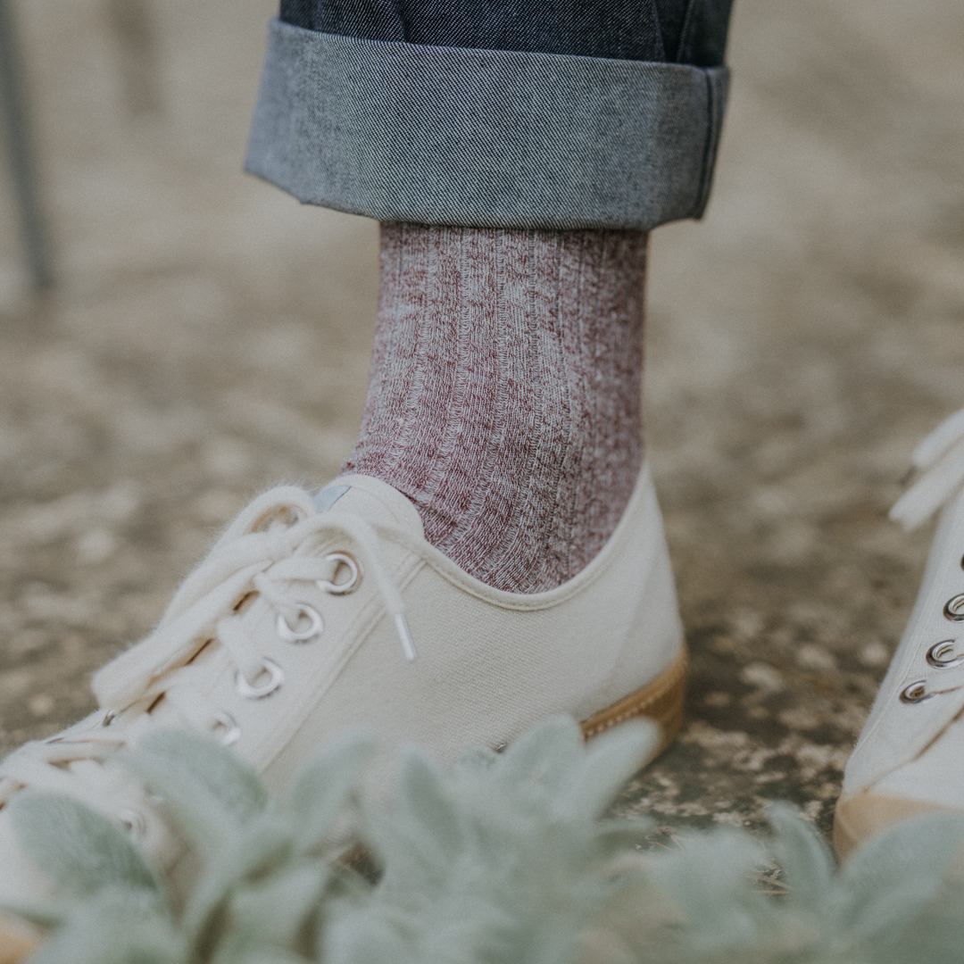 Chaussettes côtelées bordeaux chiné coton lin