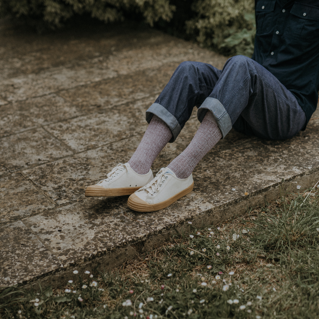 Chaussettes côtelées bordeaux chiné coton lin