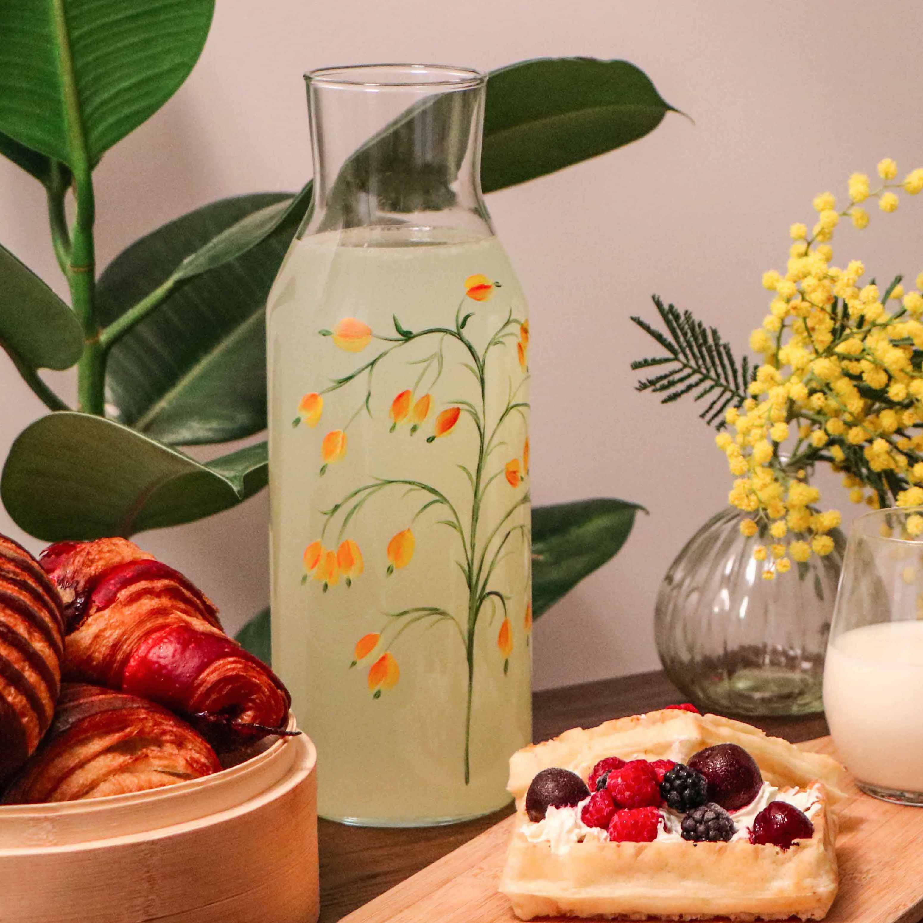 Carafe 1L en verre peint main - Glycine Jaune 2