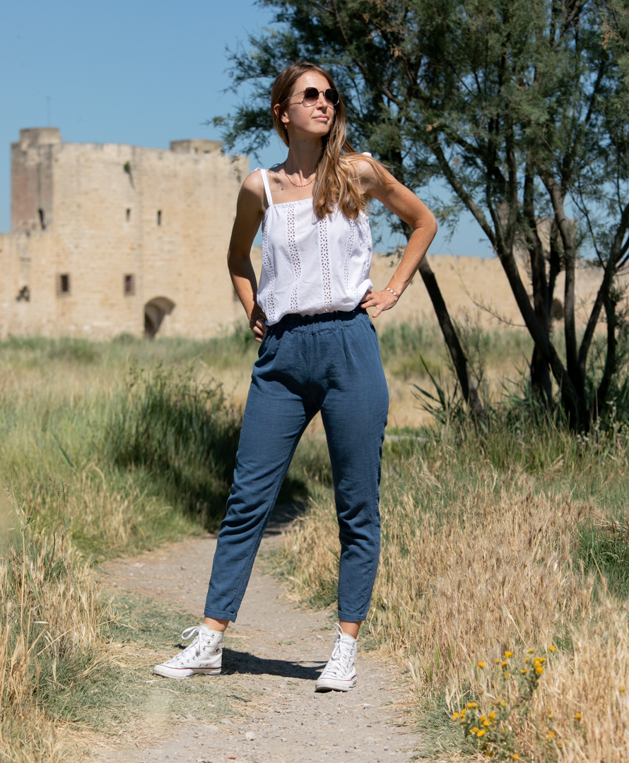 Pantalon bleu en lin stonewashed été