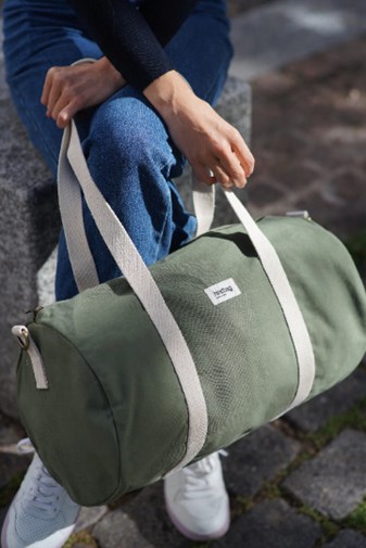 Sac polochon SIMON, avec bandoulière, vert olive, coton bio