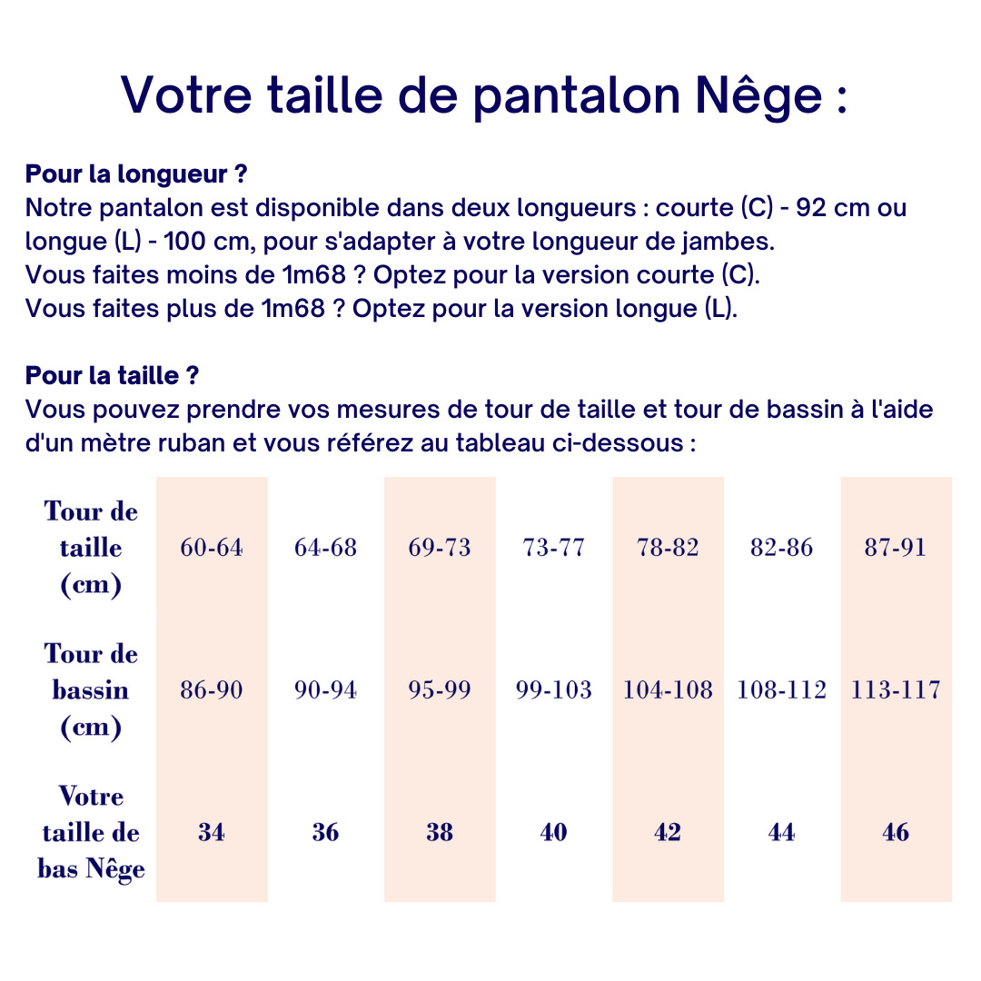 Nêge Paris - Guide des tailles pantalon de pyjama