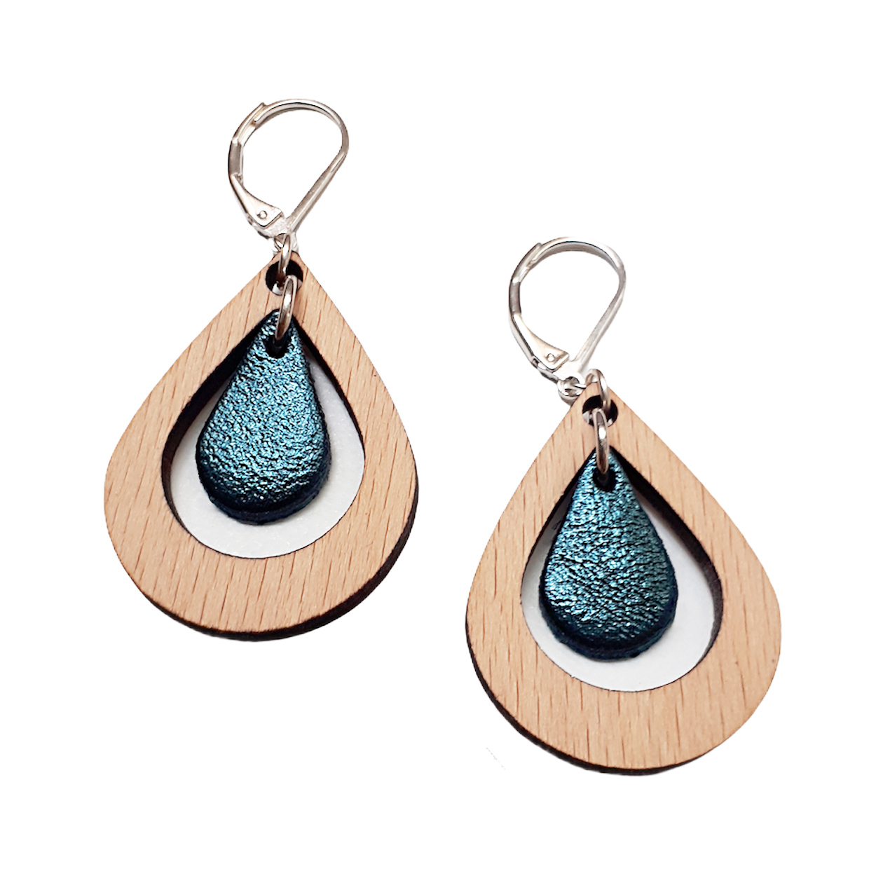 Boucles d'oreilles en bois et cuir AMANDE bleu pétrole 5