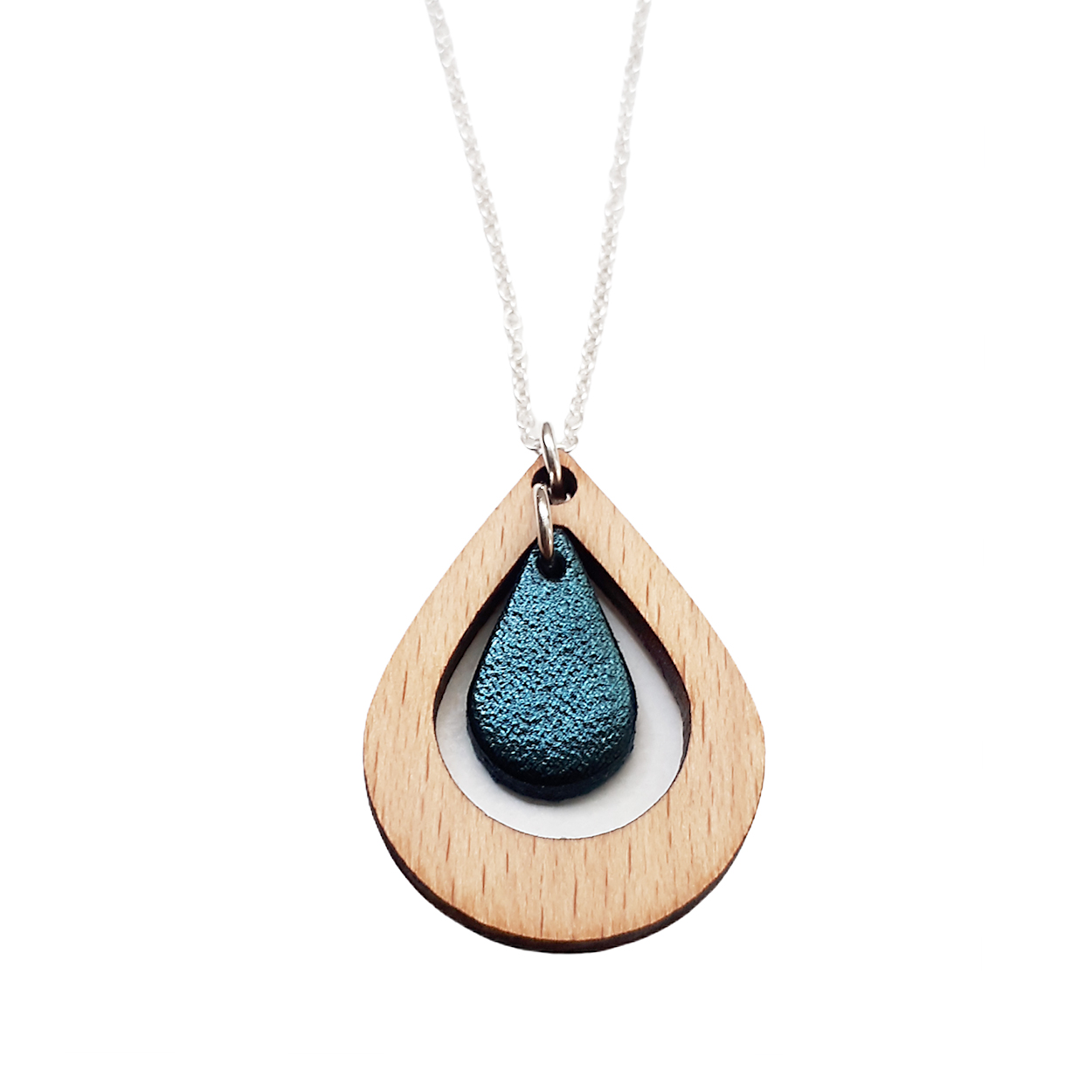 Collier en bois et cuir AMANDE bleu pétrole 3