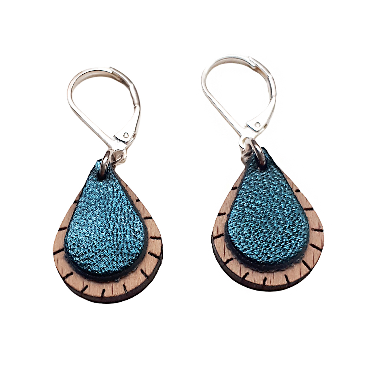 Boucles d'oreilles en bois et cuir GOUTTE Bleu pétrole 6