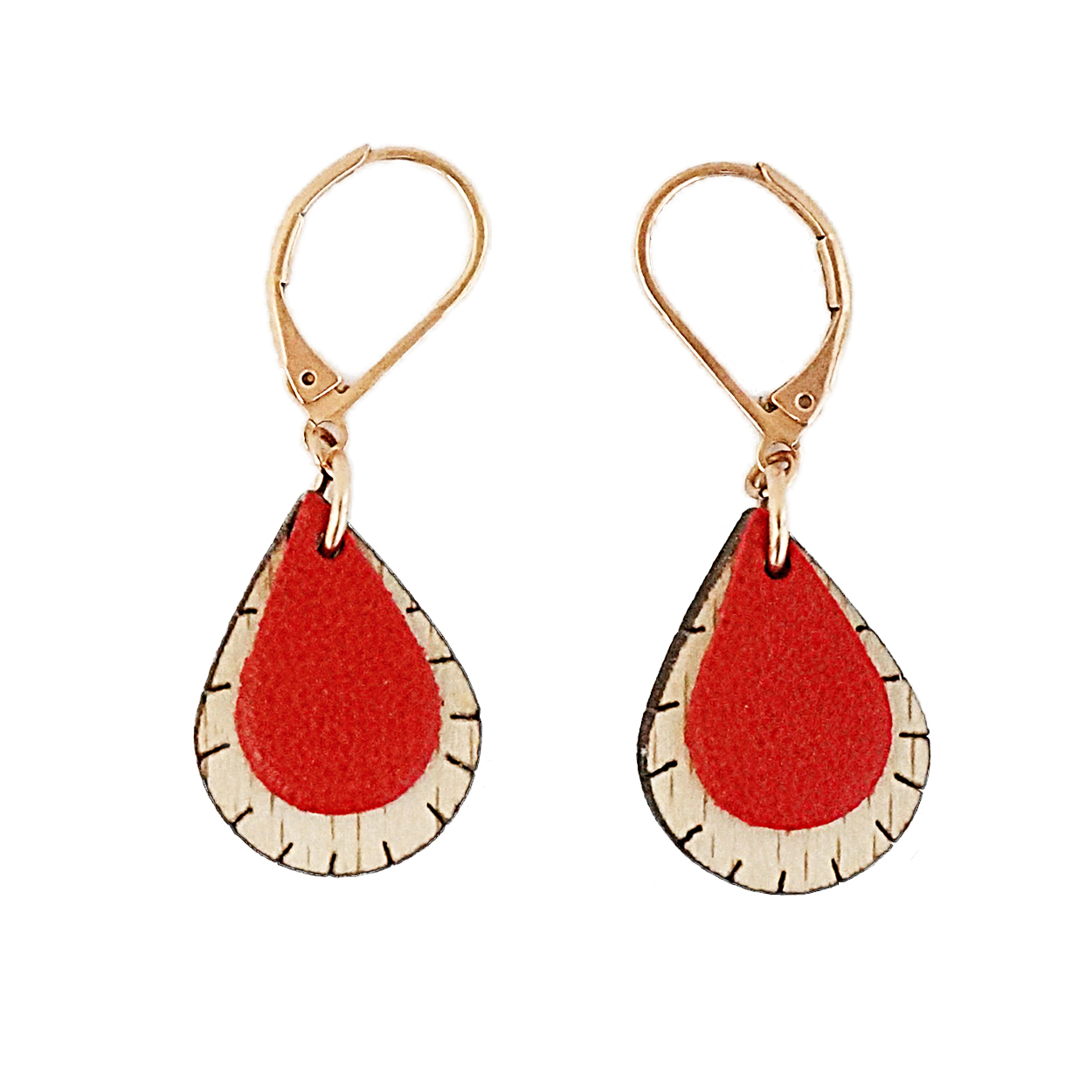 Boucles d'oreilles en bois et cuir GOUTTE rouge 5