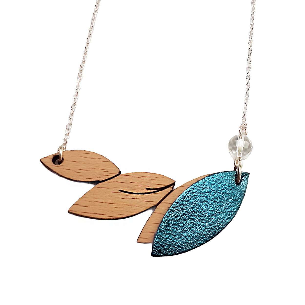Collier en bois et cuir PLUME bleu pétrole 2