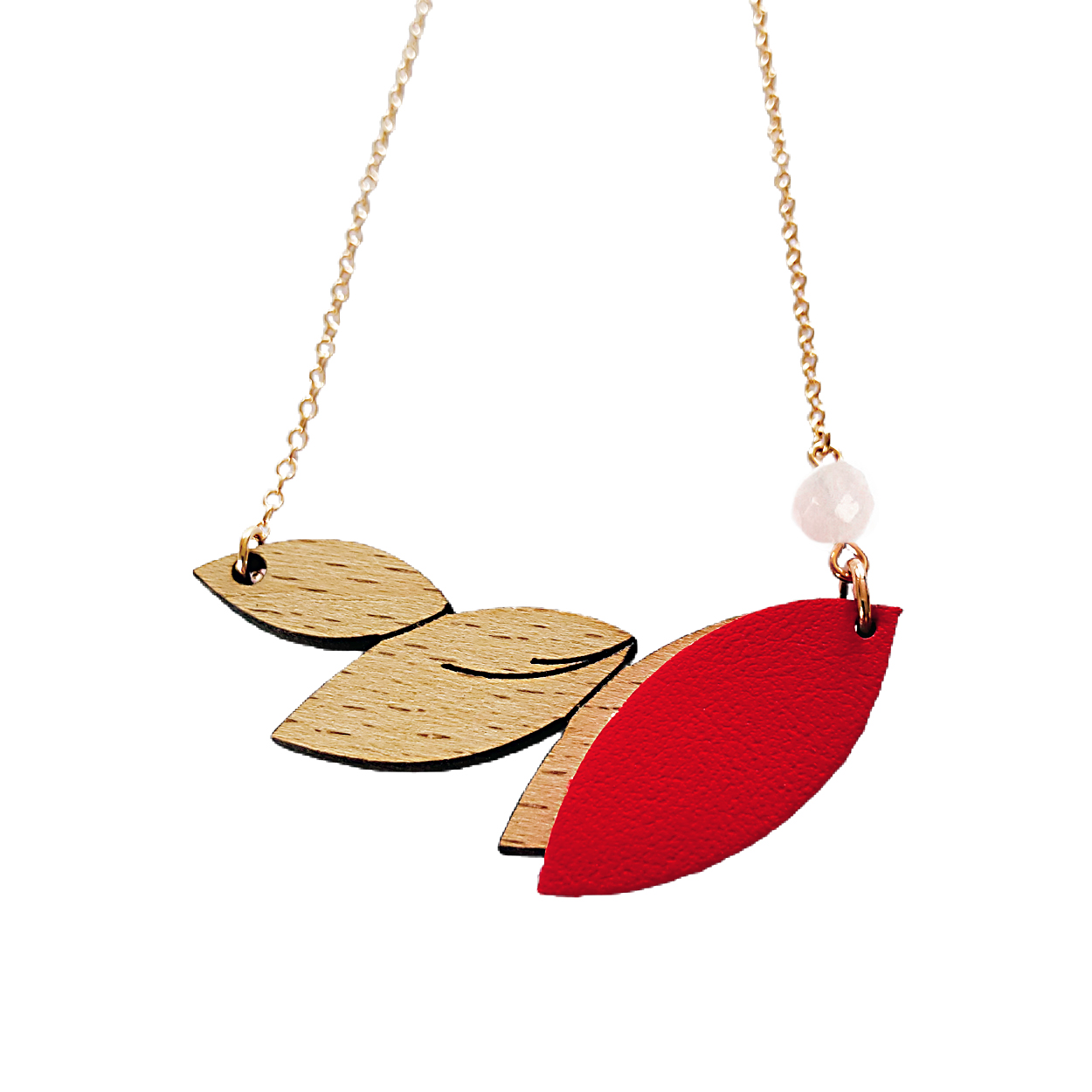 Collier en bois et cuir PLUME rouge 5