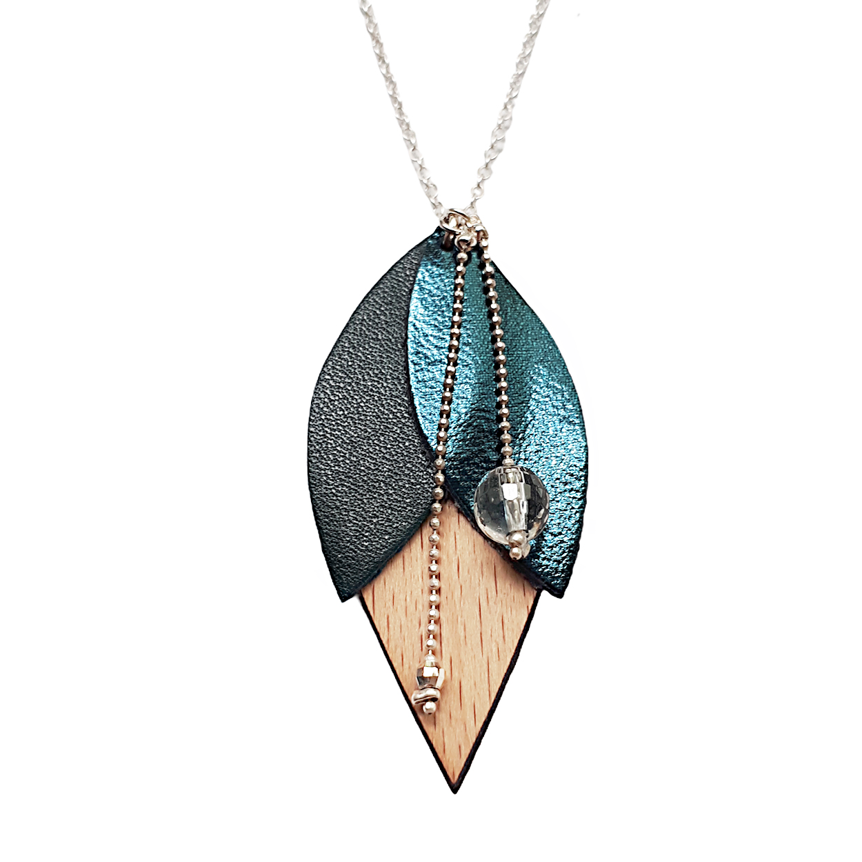 Collier en cuir et bois TULIPE bleu pétrole 4