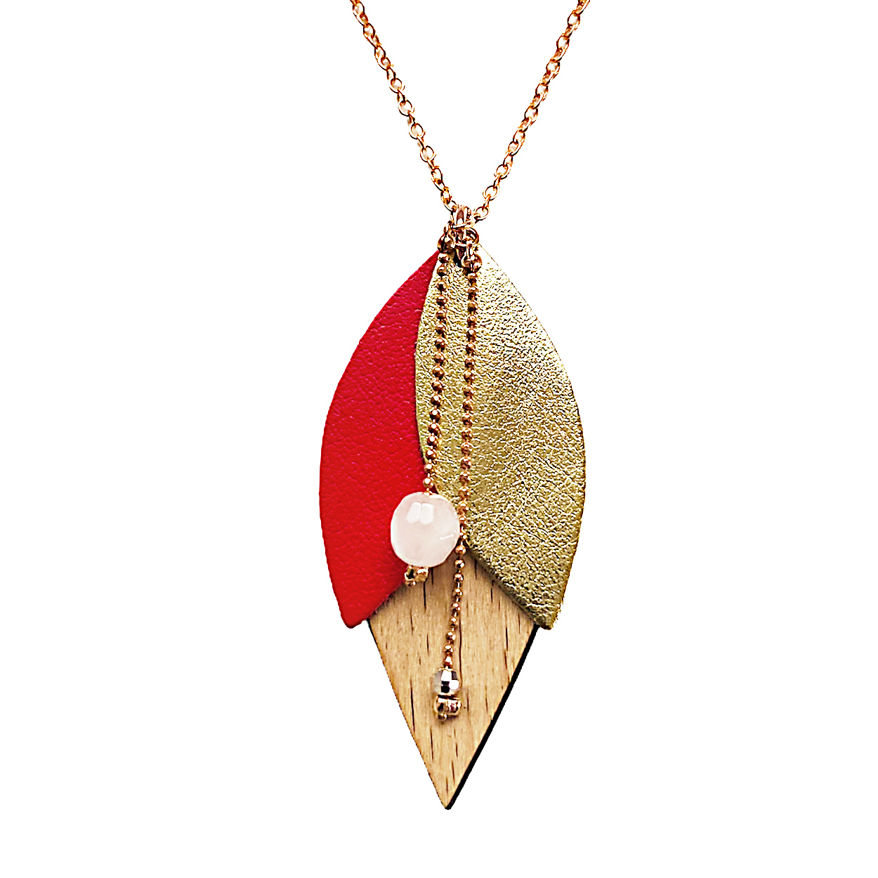 Collier en cuir et bois TULIPE rouge 4