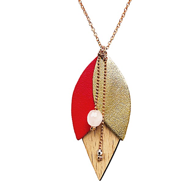 Collier en cuir et bois TULIPE rouge 4