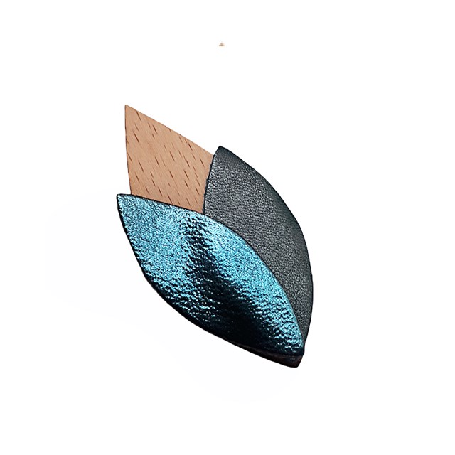 Broche en cuir et bois TULIPE bleu pétrole 4