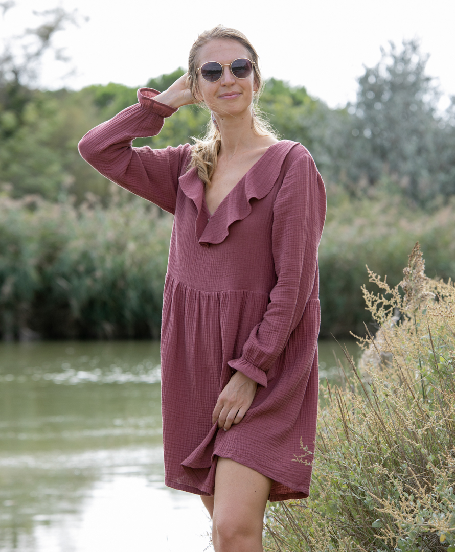 Robe vieux rose double gaze de coton biologique volants made in France