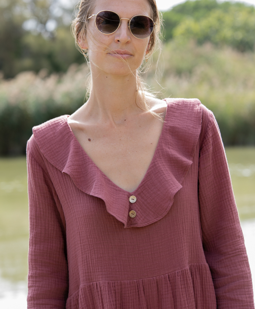 Robe mi-saison vieux rose double gaze de coton biologique volants éco-responsable
