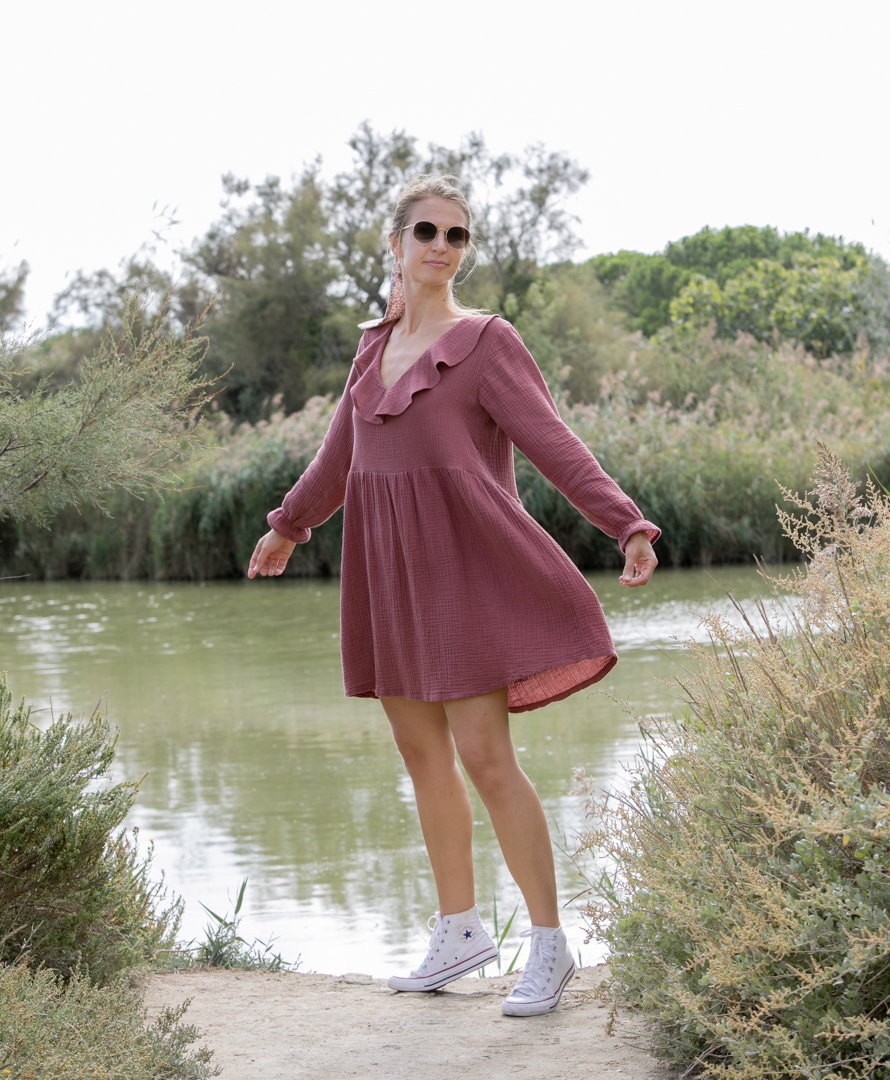 Robe vieux rose double gaze de coton biologique volants