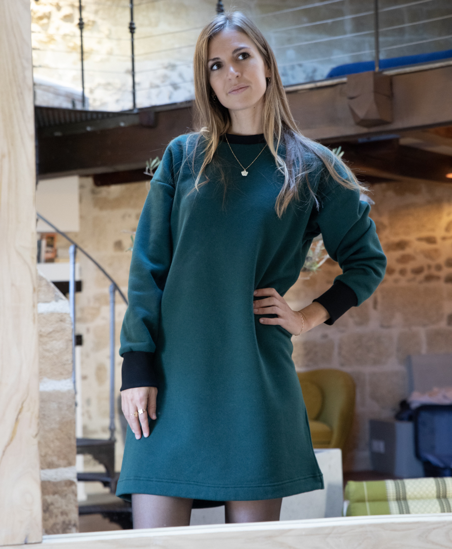 Robe pull coton biologique certifié GOTS et Cachemire - Vert bouteille