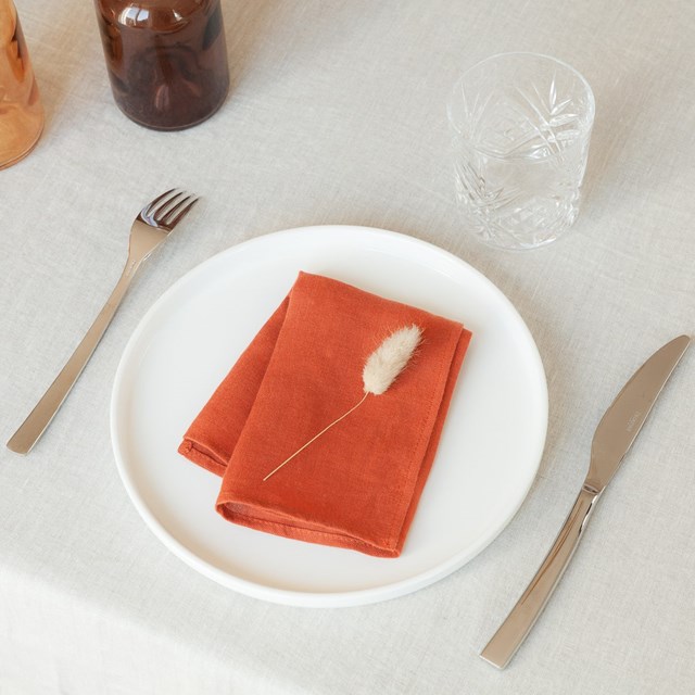 exemple de dressage avec une nappe en lin écrue et une serviette rouge brique