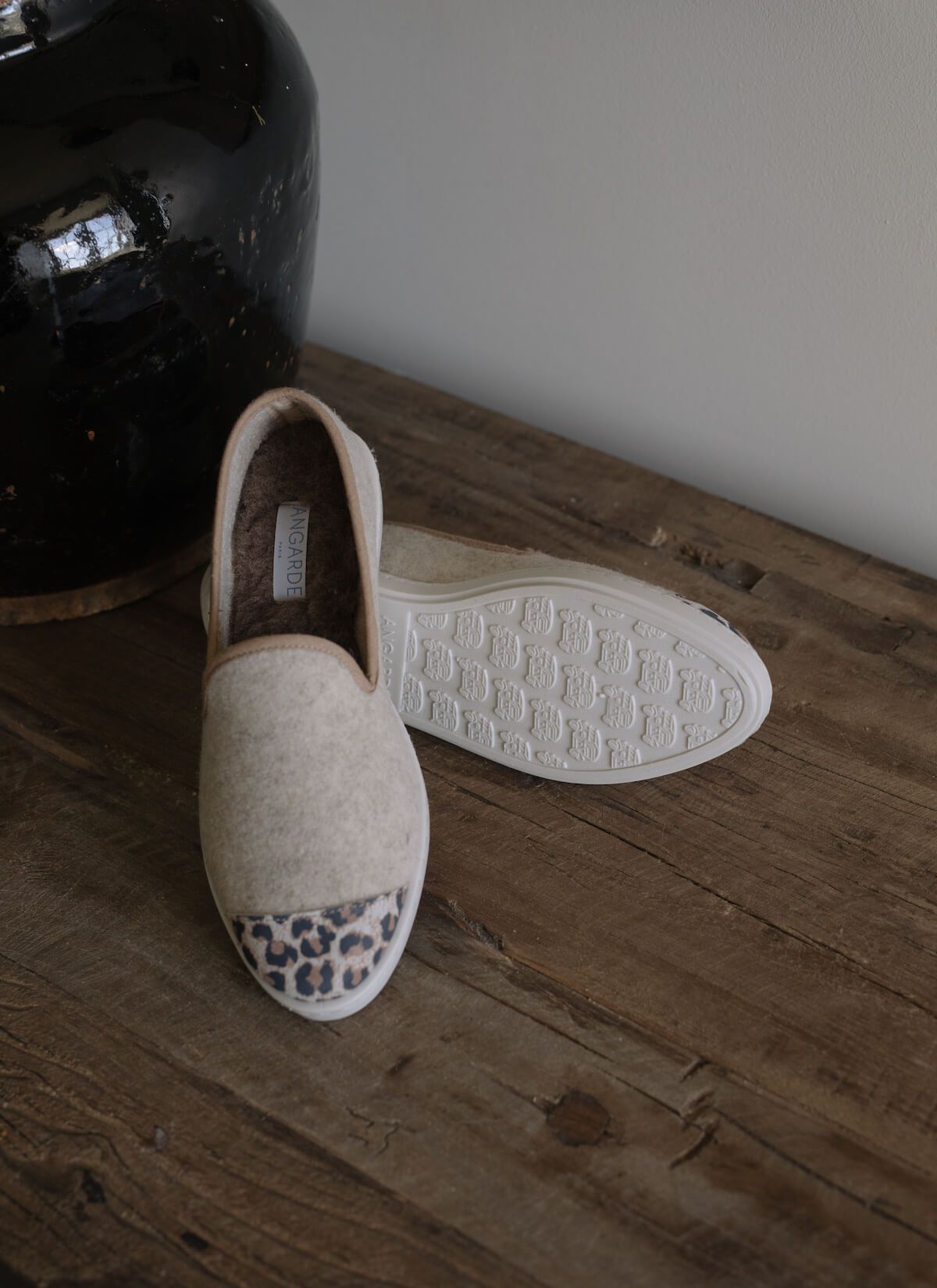 chausson femme en laine recyclée Beige Leopard vue packshot
