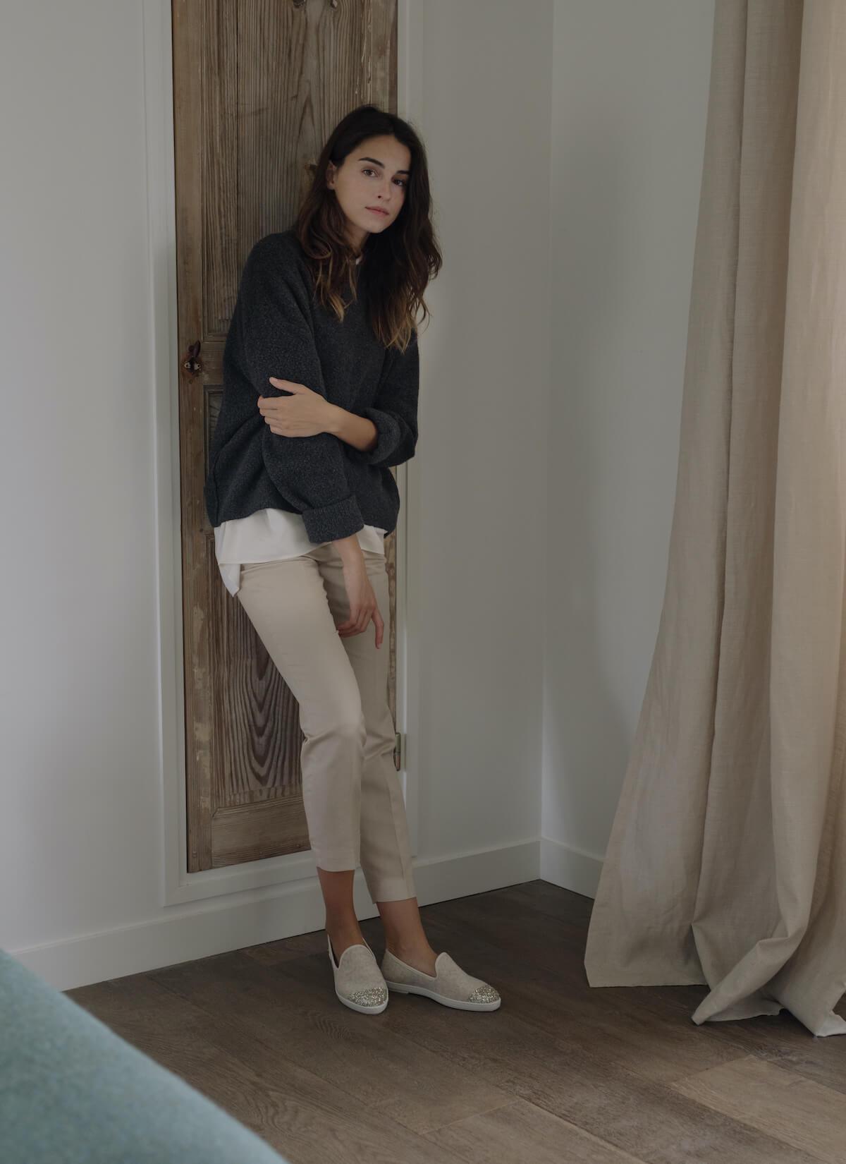 chausson femme en laine recyclée Beige Sparkling vue portée de devant