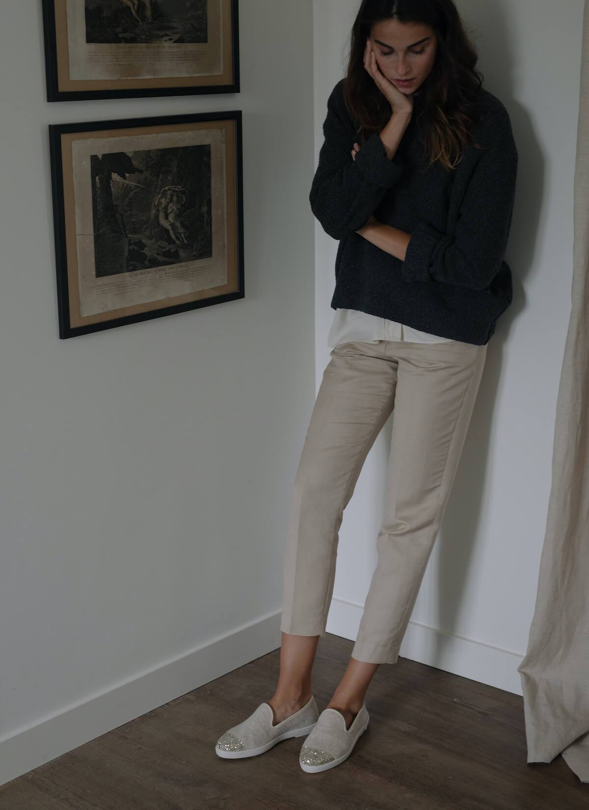 chausson femme en laine recyclée Beige Sparkling vue portée de devant