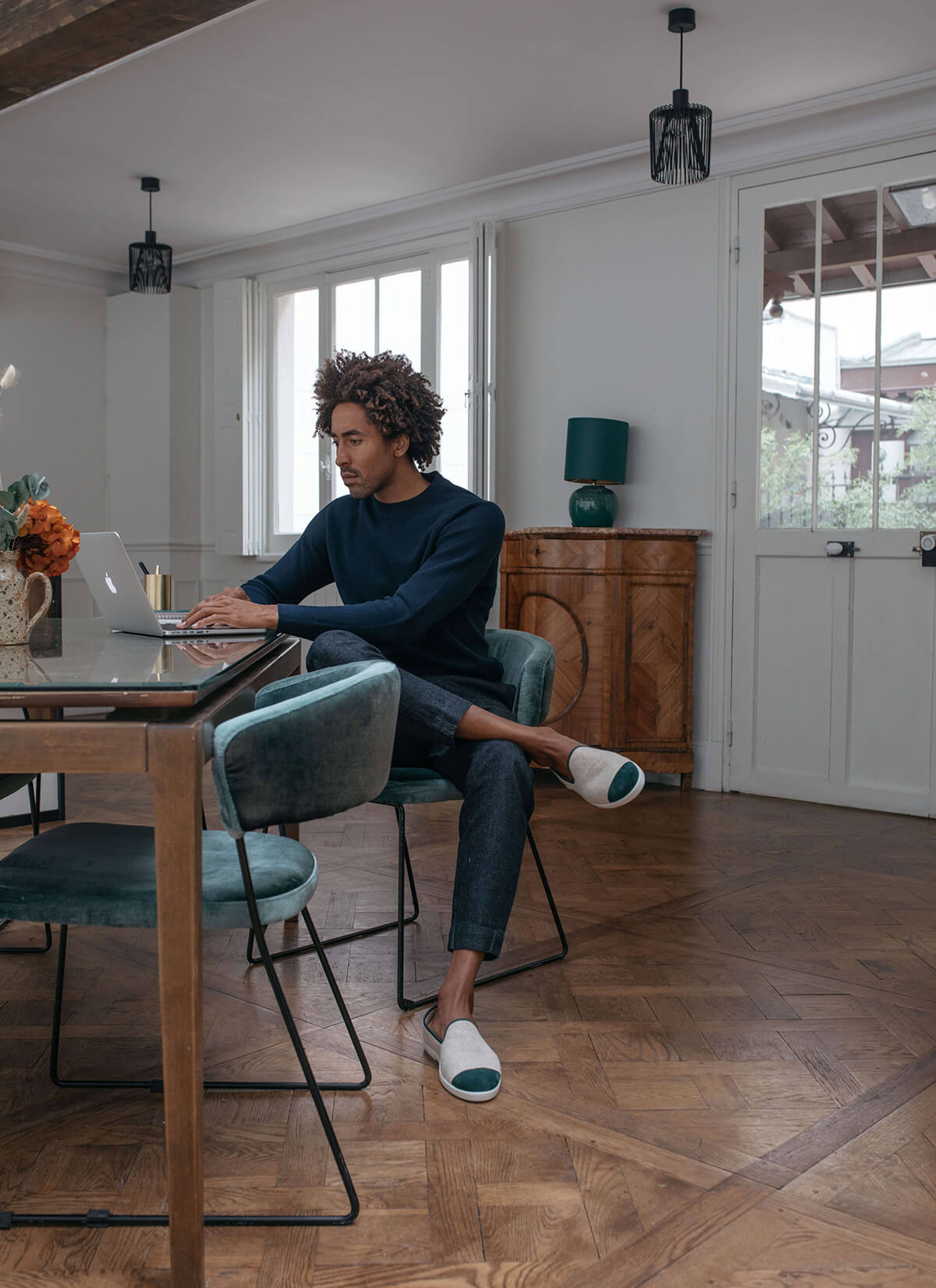 chausson homme en laine recyclée Beige Basilico vue portée de devant