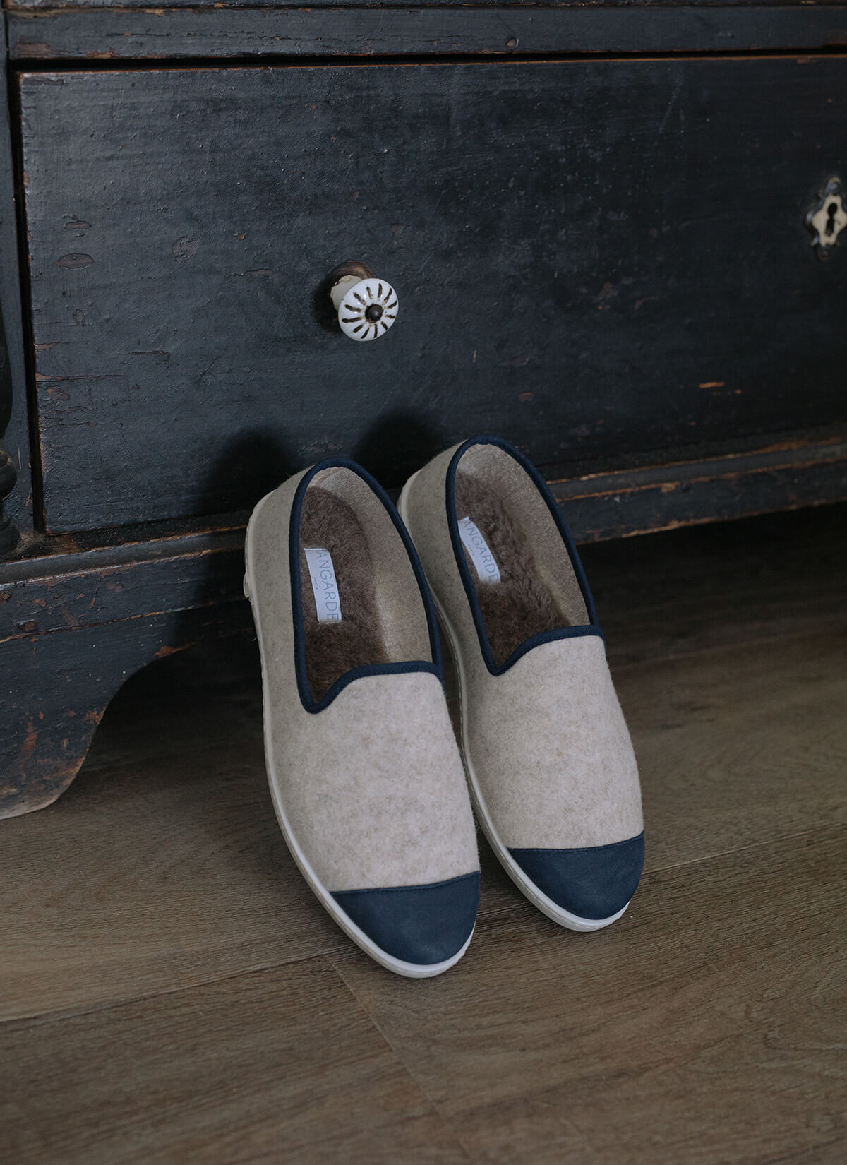 chausson homme en laine recyclée Beige Marine vue packshot de devant