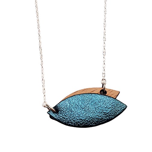 Collier en bois et cuir MINI PETALE bleu pétrole