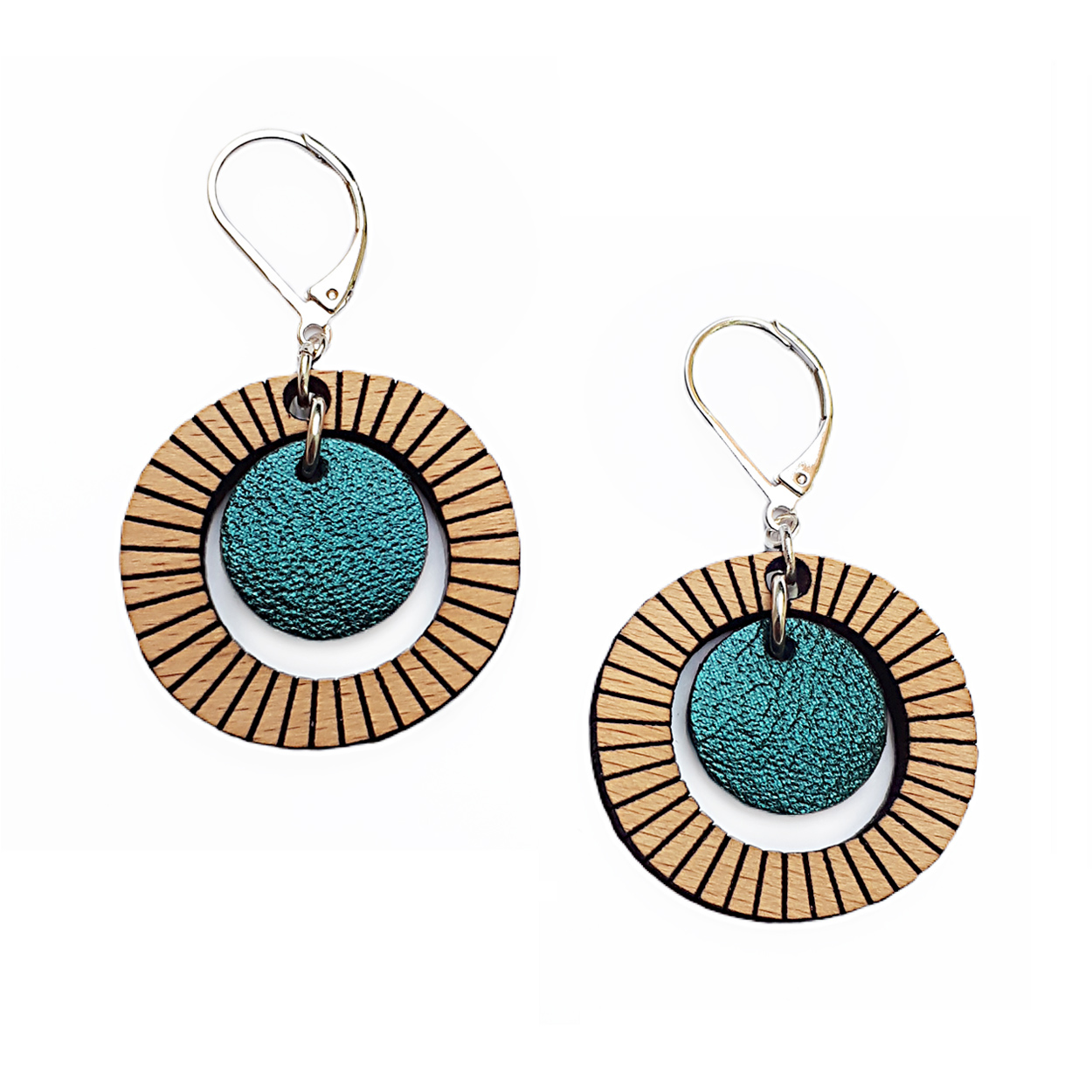 Boucles d'oreilles en bois et cuir BULLE bleu pétrole  6