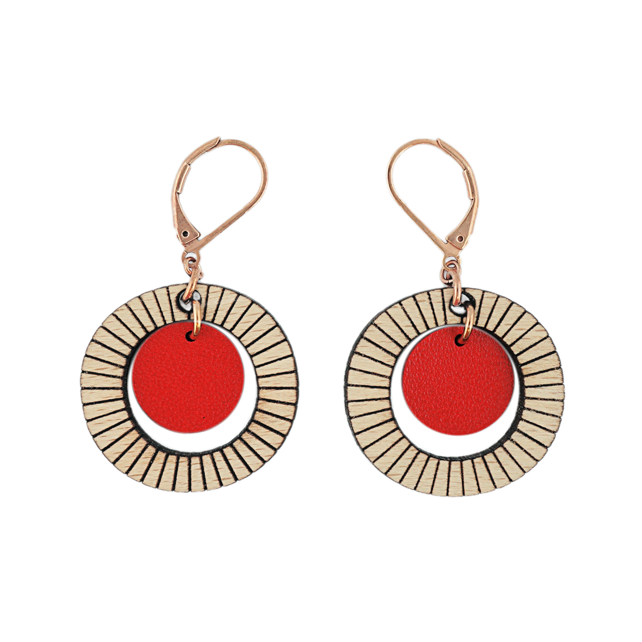 Boucles d'oreilles en bois et cuir BULLE rouge 4