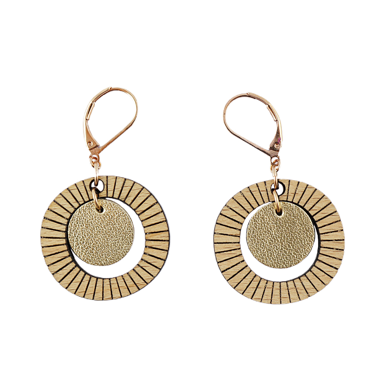 Boucles d'oreilles en bois et cuir BULLE or 5