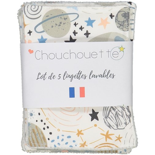 Lot de 5 lingettes lavables - Planètes - Fabriqué en France