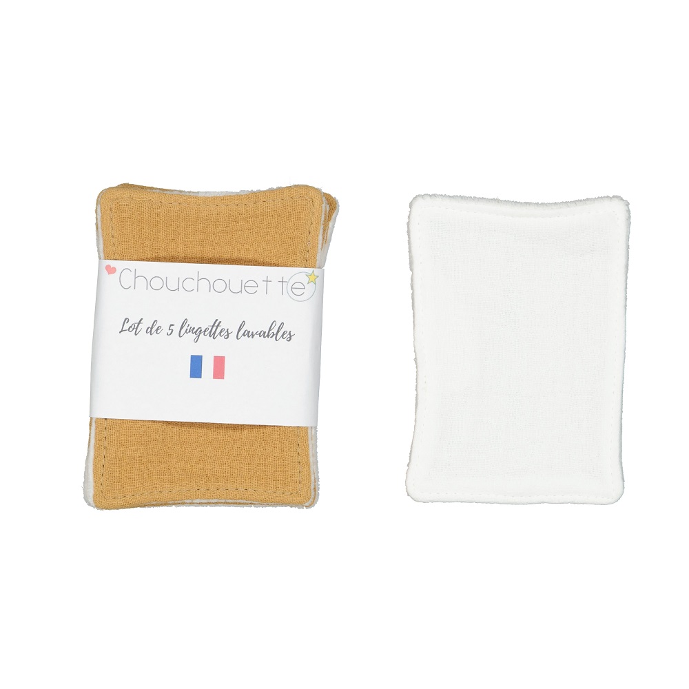 Lot de 5 lingettes lavables - Gaze de coton Caramel - Fabriqué en France 3